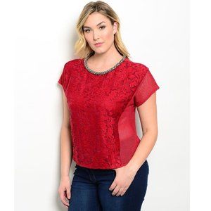 Katia Ladies Top Embellished Neck Solid Dark Red Plus Size 1XL  NWT